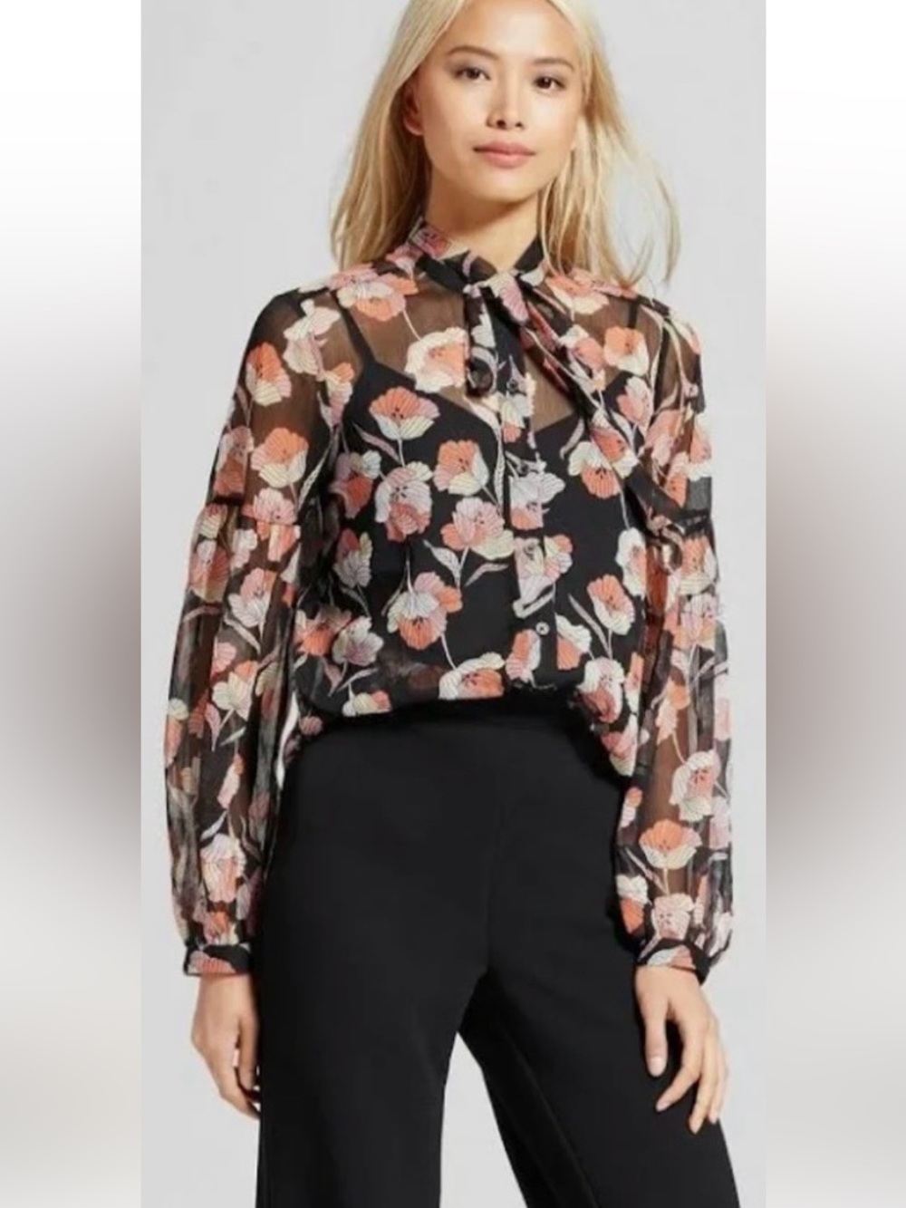 Who What Wear Sheer Floral Button Down Bow Blouse